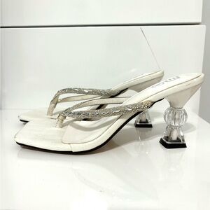 White Croc Heeled Sandals with Rhinestone Straps & Clear Heels